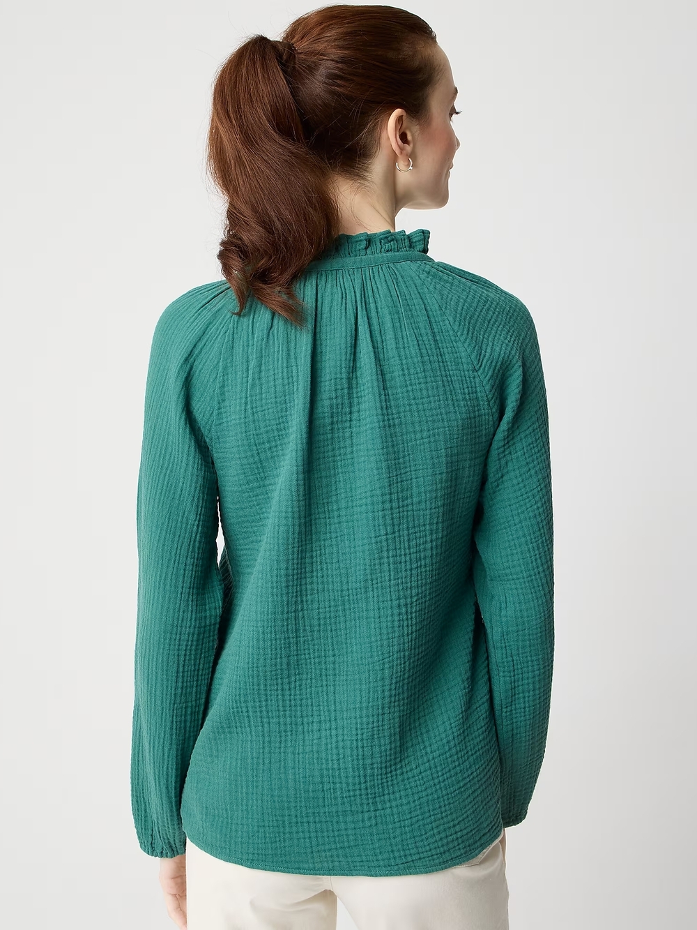 NWT J. Crew Emerald Gauze 100% Cotton Ruffle-Tie Blouse XS - Picture 3 of 5